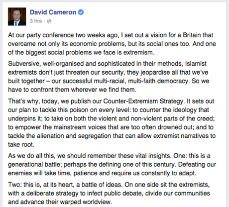 David Cameron statement on Facebook
