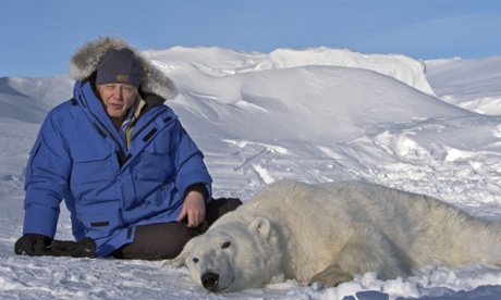 Sir David Attenborough with a tranquillised polar bear in Frozen Planet