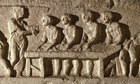 The frieze on the tomb of Marcus Vergilius Eurysaces depicts bakers making loaves of bread.