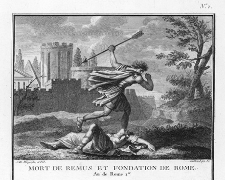 Romulus slays his twin brother Remus during the mythical founding of Rome.