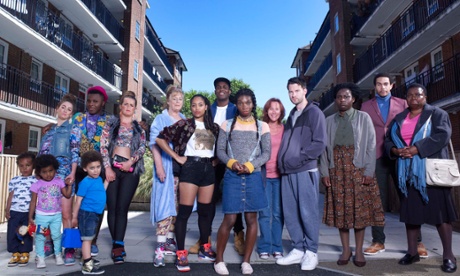 Michaela Coel, centre in denim skirt, and the rest of the cast of Chewing Gum.