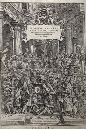 The wood cut title page from De humani corporis fabrica, a set of 16th century texts on human anatomy.