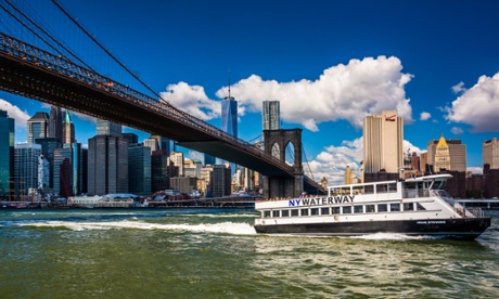 The East River Ferry, Brooklyn Bridge and Manhattan Skyline seen from Brooklyn, New York