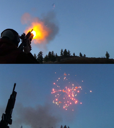 The Nemesis 37mm projectile launcher, sold by Exotic Firearms, in action.