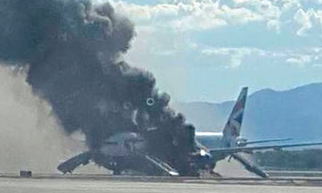 Photograph of British Airways plane on fire at Las Vegas airport in September