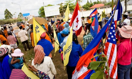 Protest with flags in Cambodia 