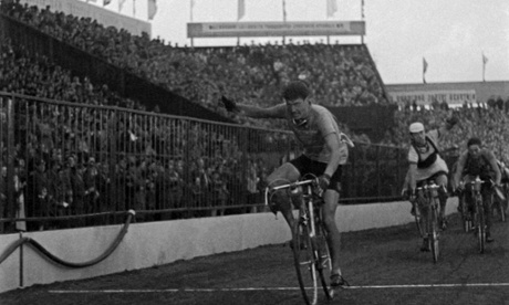 Ian Steel crosses the finish line in Prague, winning the 1952 Peace Race from Warsaw to Prague via Berlin