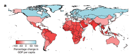Change in national GDP per capita in 2100 under business-as-usual warming (RCP8.5) relative to projection using constant 1980–2010 average temperatures.