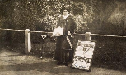 Princess Sophia Duleep Singh selling 'The Suffragette' newspaper outside Hampton Court in April 1913