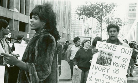 Marsha P Johnson handing out flyers in support of gay students at NYU, 1970