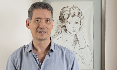 Author Jeremy Gavron beside a portrait of his mother Hannah, who took her own life in 1965.