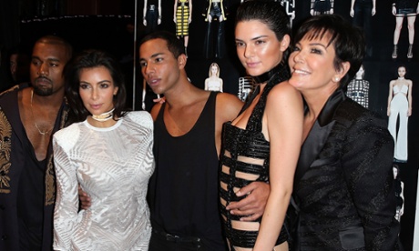 Kanye West, Kim Kardashian, Olivier Rousteing, Kendall Jenner and Kris Jenner pose after a Balmain show at Paris fashion week 2015.