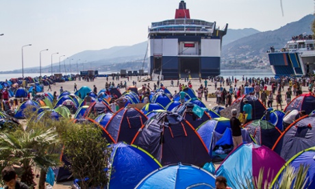 Tents line the main port in Lesbos, as migrants await transfer to the Greek mainland.