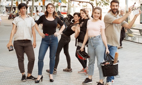 A group of actors pose for a picture on set with Erika Lust, second from left.