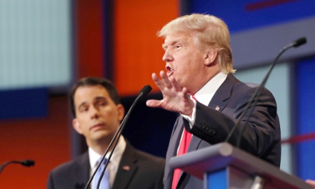 Donald Trump addresses the moderators during the first Republican presidential primary debate in Cleveland.