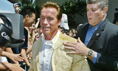 Arnold Schwarzenegger after being struck by an egg at a campaign rally in 2003.