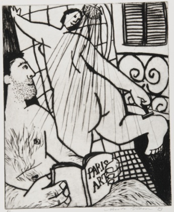 Hotel Room Paris, drypoint etching, by Anita Klein.