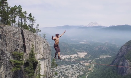 Don't look down ... Spencer Seabrooke breaking the free solo slackline world record on Squamish Chief, 951ft from the ground.