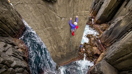 Rocky start ... Hazel Findlay climbing the Totem Pole, Tasman Peninsula, Tasmania.