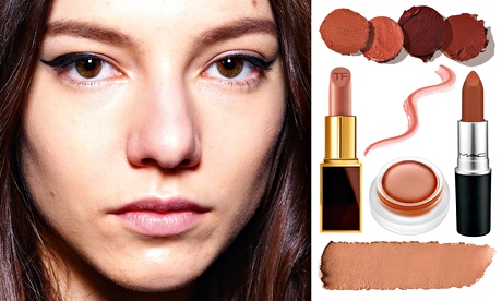 model's face and selection of nude lipsticks