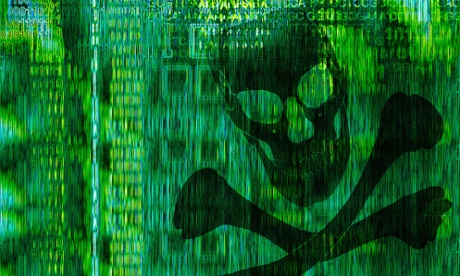 Digital stream with skull and cross bones