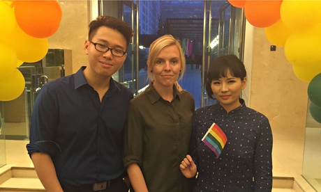 Shaunagh Connaire with Chinese gay rights activists 'Iron' and John Shen at a gay gala
