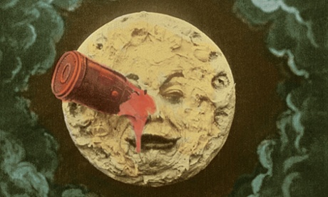 Inspired by Jules Verne: A rocket ship crashes into the moon in a still from director George Melies film, A trip to the moon, 1902.