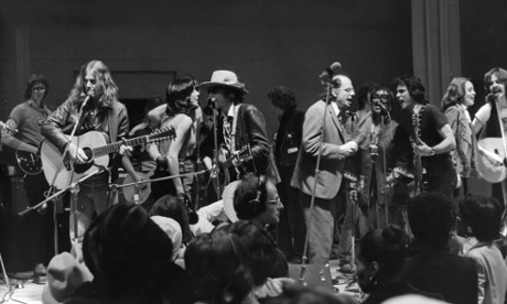 The Rolling Thunder Revue including Joan Baez, Bob Dylan, Allen Ginsberg and Roberta Flack perform a benefit concert in 1975.