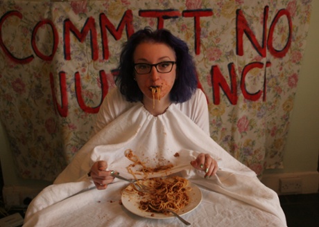 Rebecca Jackson's wearable tablecloth, for the Art Of Nuisance project.