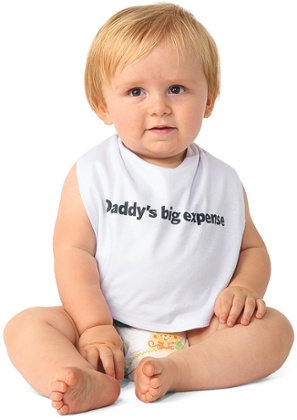 Photograph of a baby wearing bib that says 'Daddy's big expense'