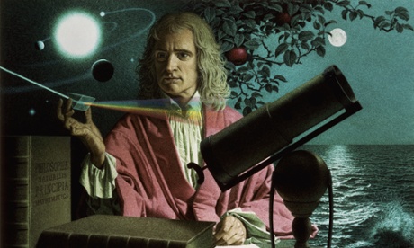 Modern semi-realistic portrait of grey-blonde Newton in a pink cloak and white open throated shirt; background shows a solar system top left, an apple tree branch centre, and a moon-lit ocean to the right; foreground shows two large books and a telescope. Newton is splitting a beam of light into a rainbow using a prism.