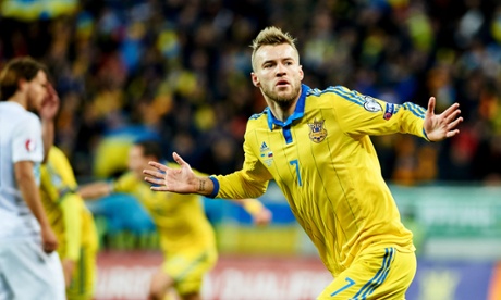 Andriy Yarmolenko from Ukraine celebrates after scoring the first goal.