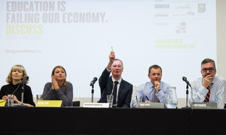 Brendan Murden from consultancy CEL (centre) chairs the Guardian Live/Discuss panel debate about the future of education (l-r) Melissa Benn, Debra Kidd, Nick Bent, Alun Francis