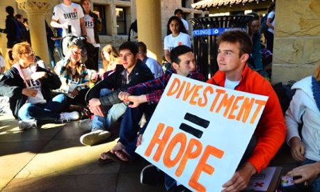 Students protesting at Stanford for fossil fuel divestment.