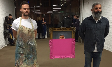 Oliver Jeffers and the subject of the portrait, Sanky, next to the latest in his dipped painting series