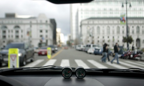view through dashboard of driving car