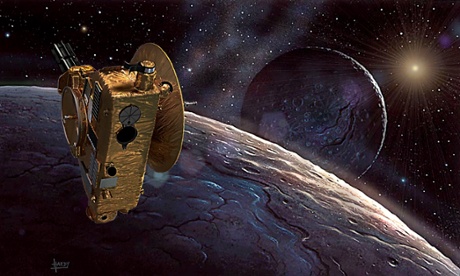 Visions of space … New Horizons arrives at Pluto by David A Hardy. Hardy says: ‘I painted the planet in 1991; the NH probe was added in 2015’ 