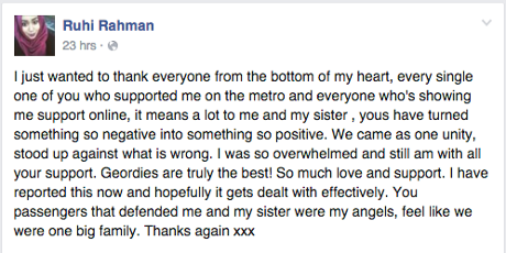 Ruhi Rahman's facebook post thanking fellow passengers.