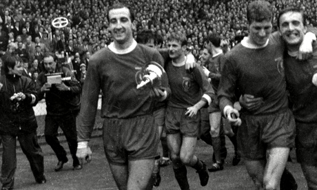 Gerry Byrne holding the lid of the FA Cup after Liverpool's win in 1965.