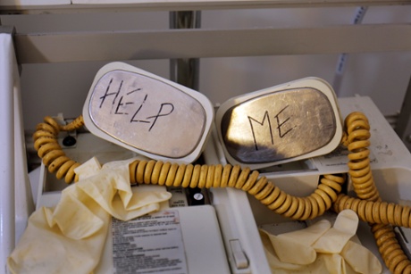 The horror-themed defibrillator is one of the clues to the escape game. Photograph: David Sillitoe