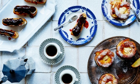 Ruby's choux day: chocolate eclairs with berries, and dairy-free, caramelised apple choux doughnuts.