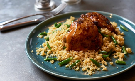 The winning recipe: Grilled chicken thighs with bulgur pilaf.
