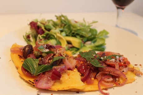 Karen's pic of her Niçoise chickpea flour pancake AKA socca.