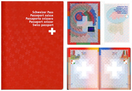 Swiss passport … embossed crosses and psychedelic security patterns.