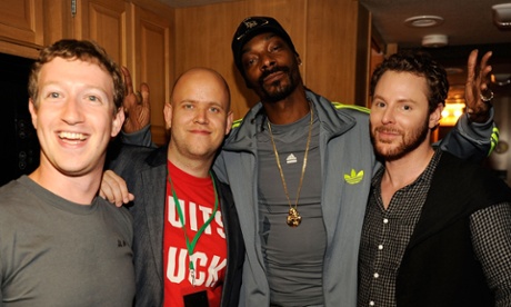 Parker, right, with Facebook founder Mark Zuckerberg, Spotify CEO Daniel Ek and rapper Snoop Dogg in 2011.