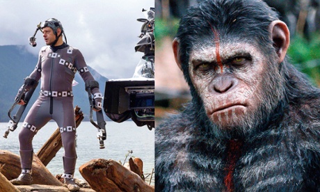 Caught in the act: (from left) Andy Serkis monkeying around; and in Dawn of the Planet of the Apes.