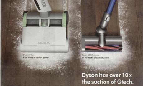 Dyson's advert showing its vacuum cleaner and GTech's side by side