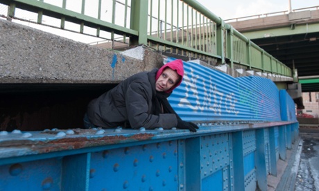Shelly under the bridge she calls home in the Bronx.