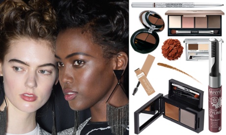 Eyebrow beauty products and a black and a white model with strong eyebrows