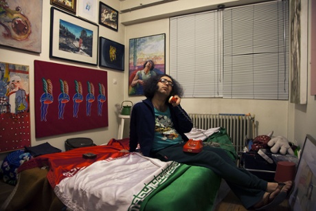 Vahid Sharifian, 33, is a painter, poet and writer. Over the past decade, his apartment has been a meeting point for artists and travelers alike. Though he is unable to leave Iran, he’s made a name for himself in the international art scene through the Internet. His controversial work includes a very realistic life-size statue of a nude Angelina Jolie and a stategically positioned peacock.